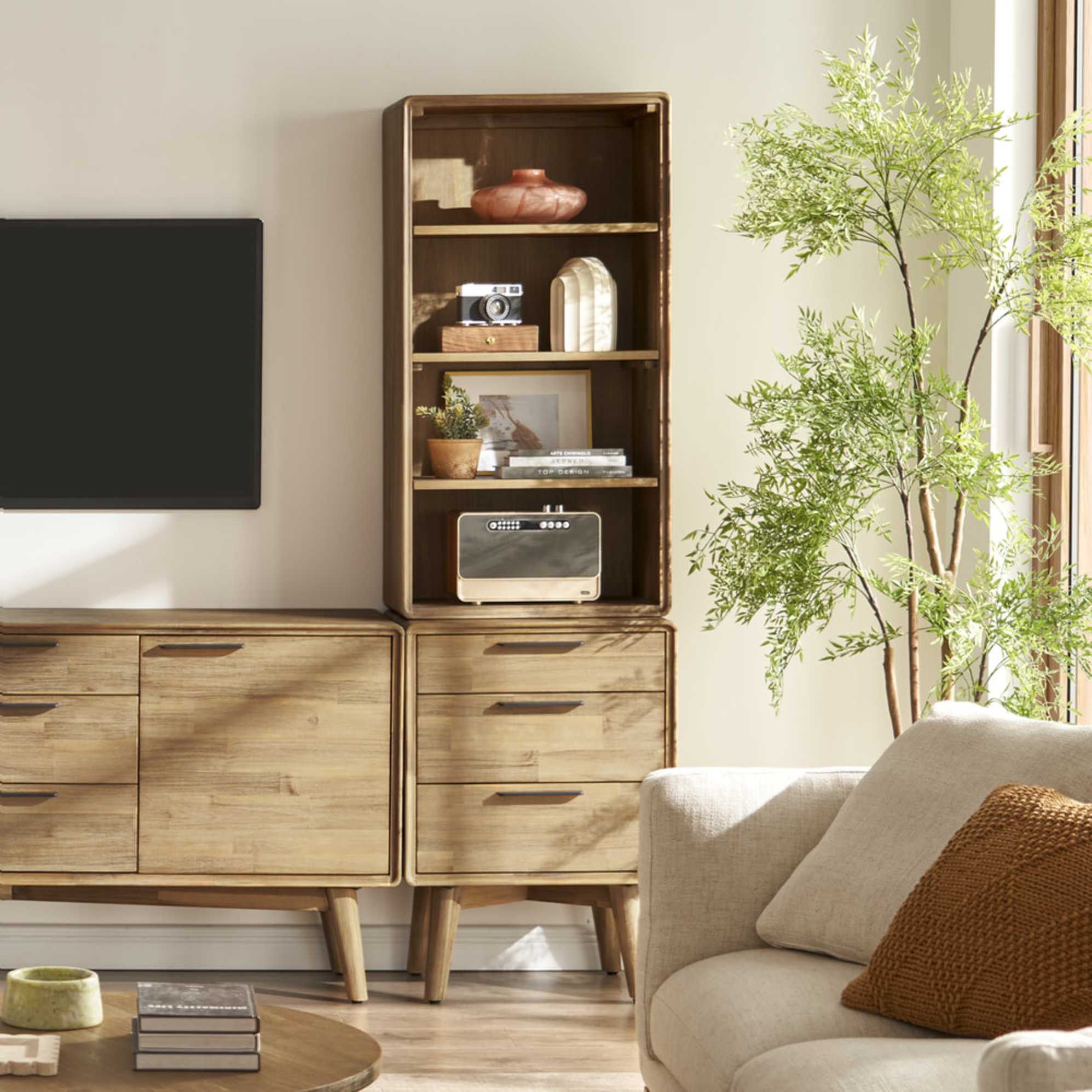 An acacia wood side console with hutch.