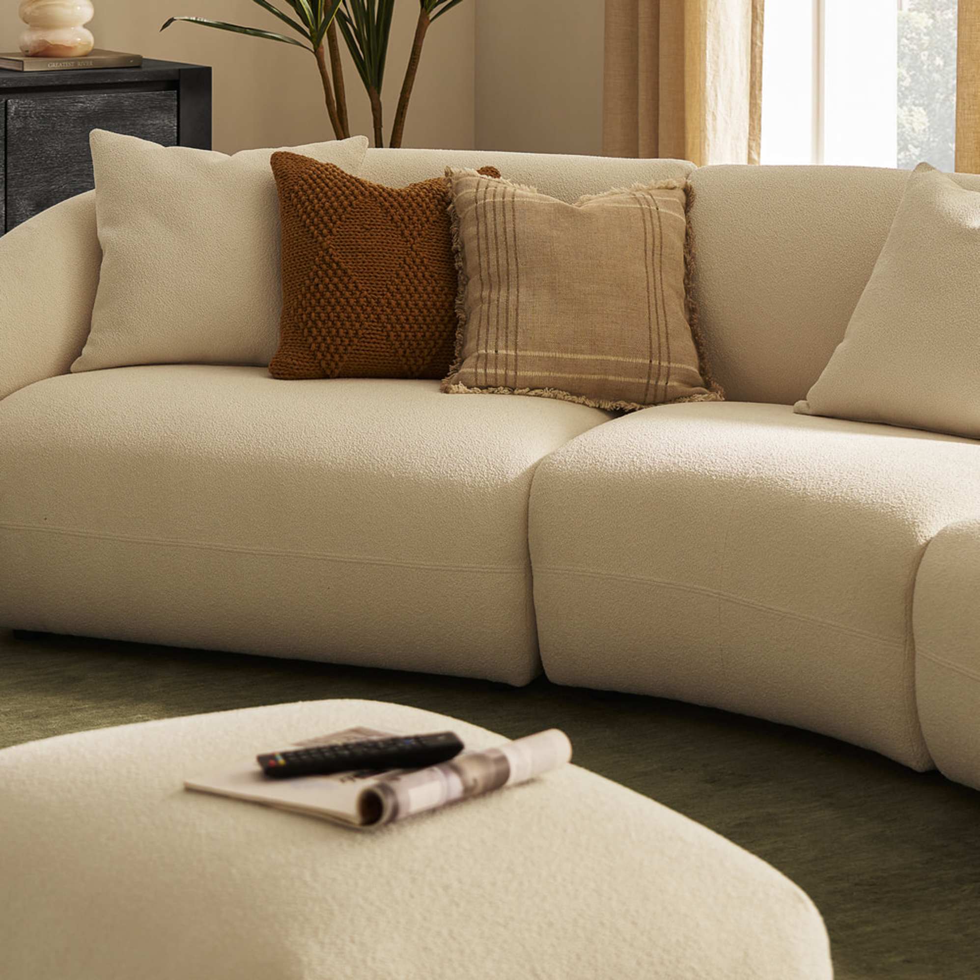 A close-up shot of a performance fabric sofa.