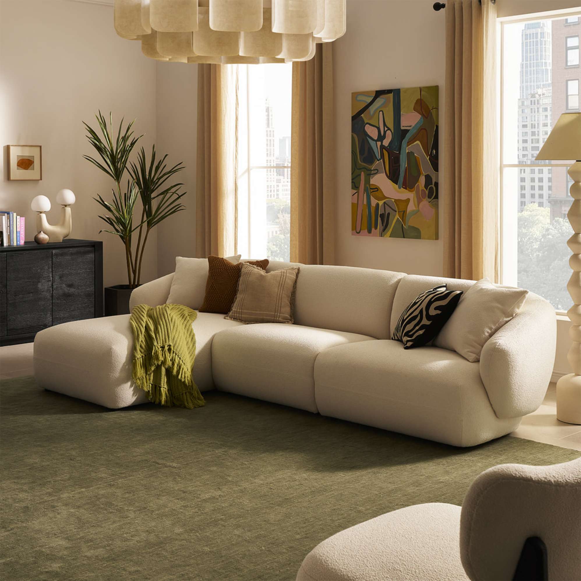 A performance fabric sofa in a living room.