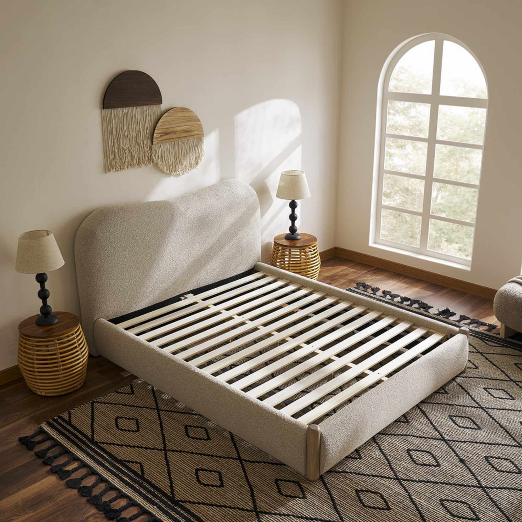 The wooden bed slats of a performance fabric bed.