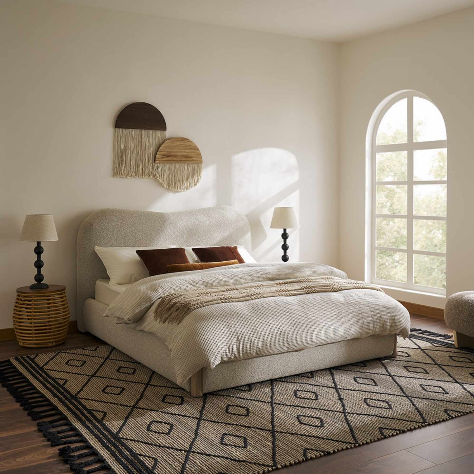 A performance fabric bed placed atop an area rug in the bedroom.