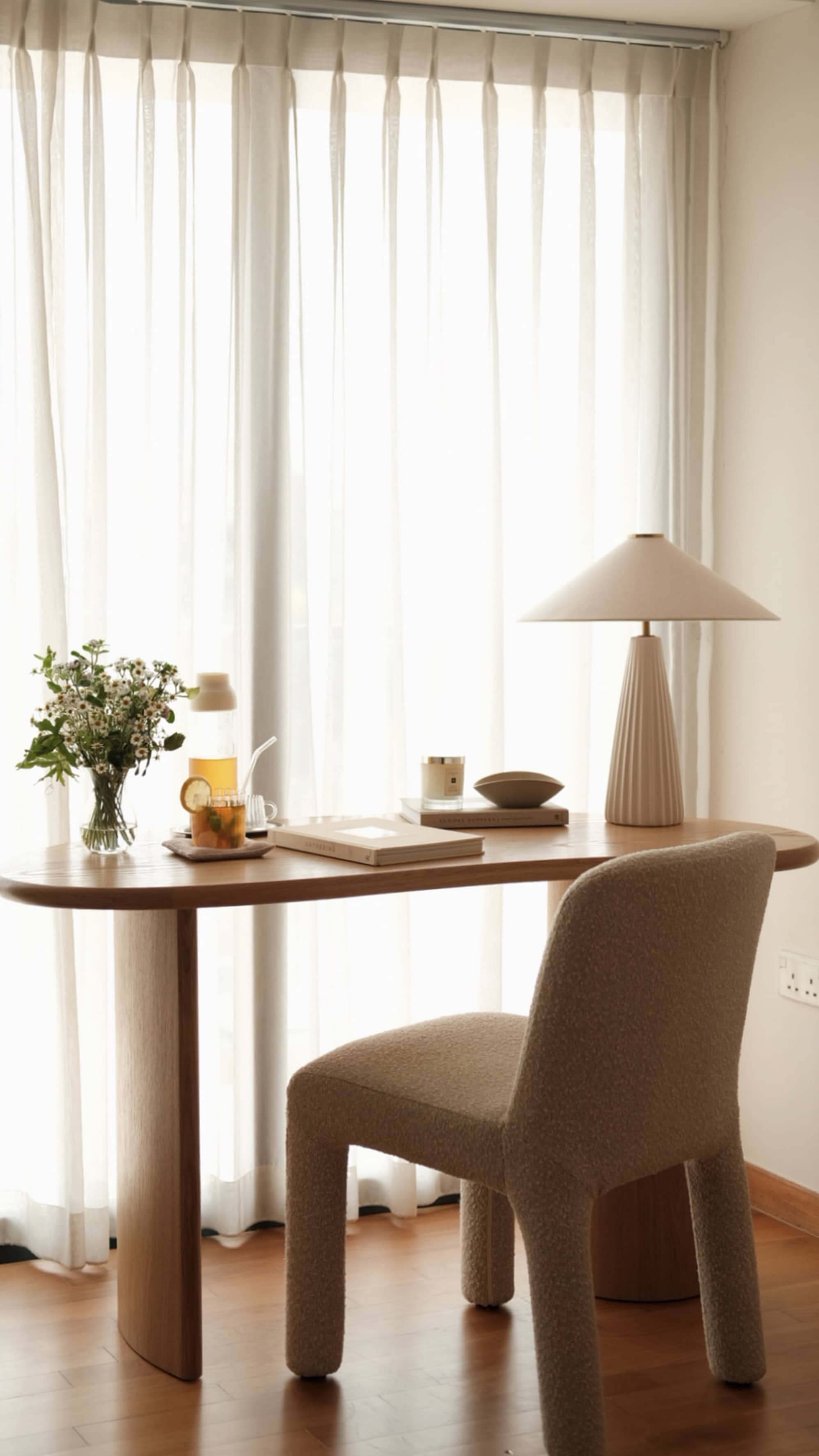 A rounded desk with a performance bouclé chair placed in the corner of a living room.