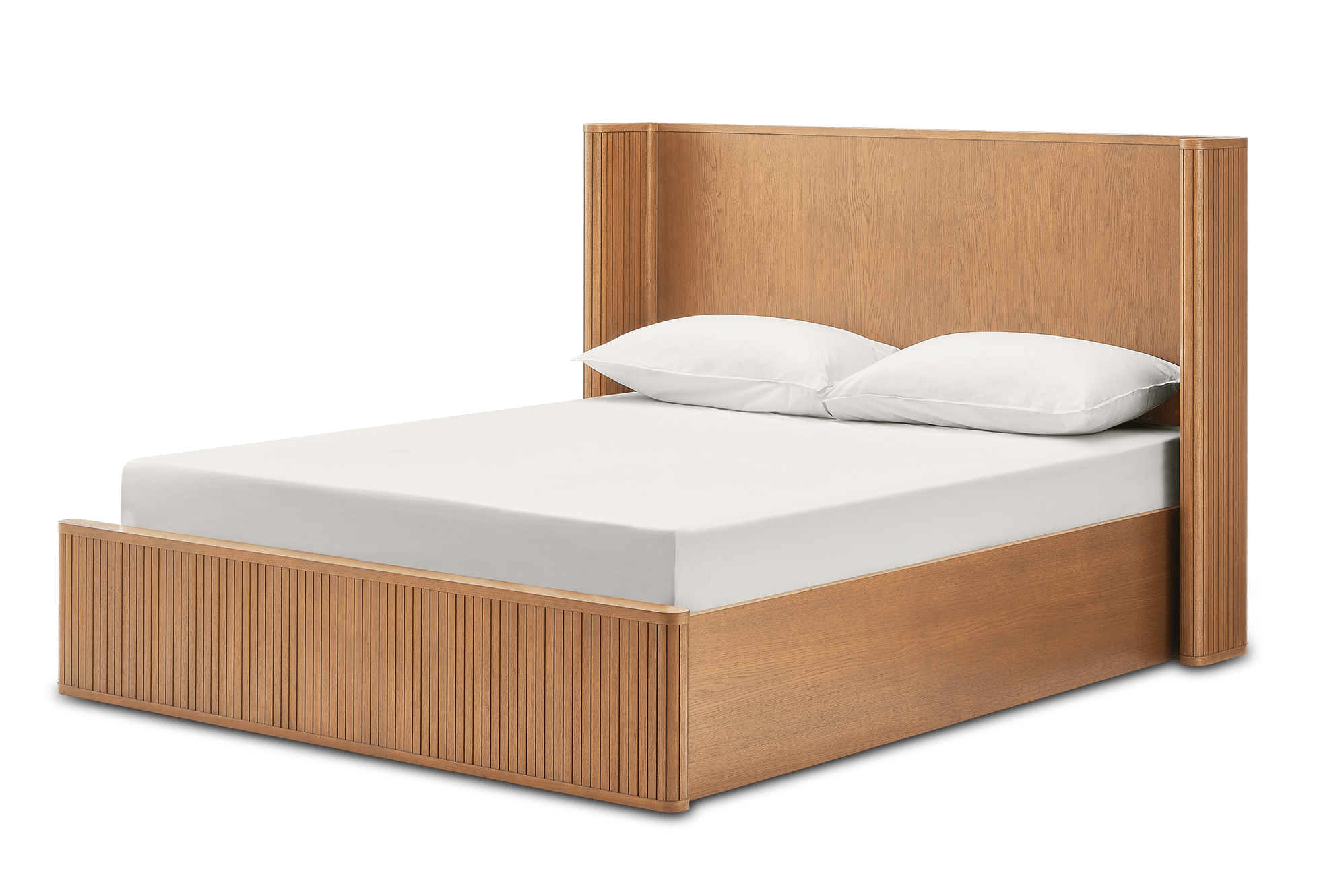 A wooden queen sized bed with two pillows.