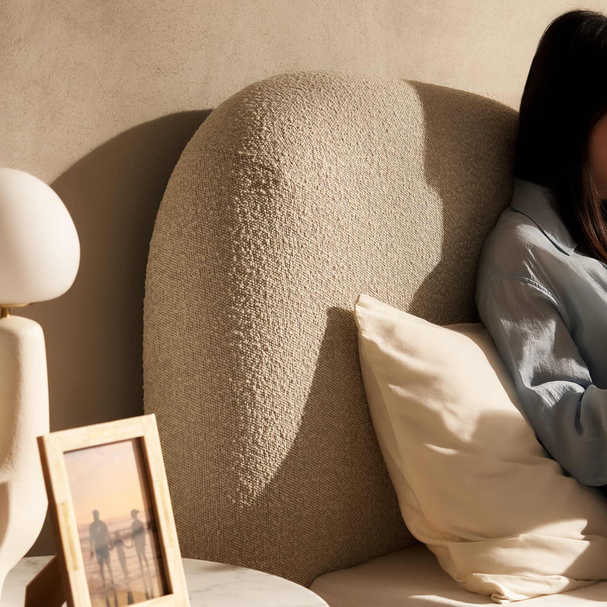 A close-up shot of a performance fabric headboard.