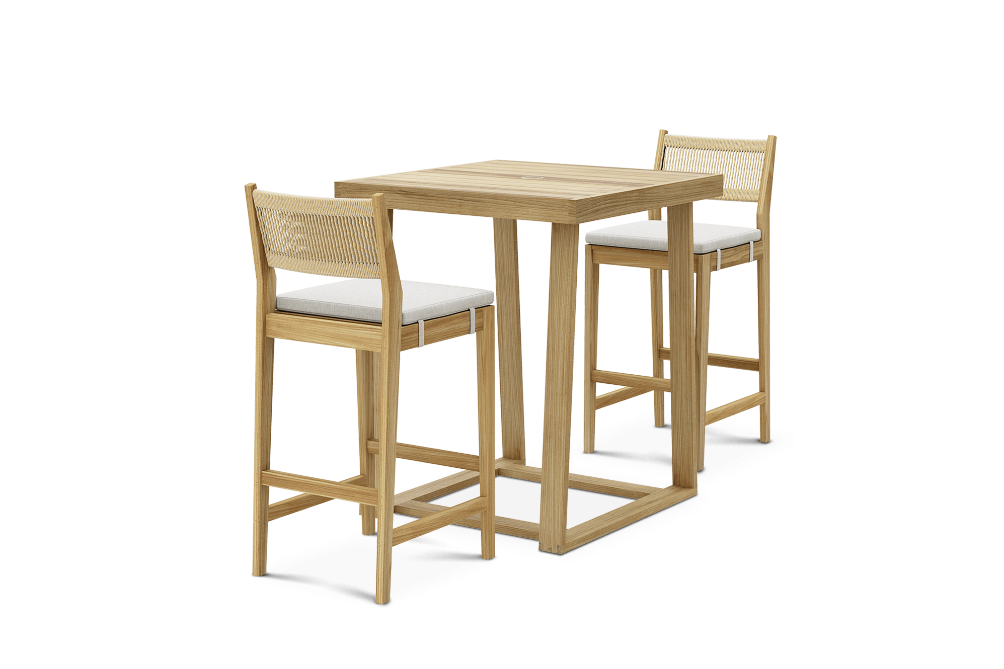 A teak square bar table paired with two matching teak bar stools.