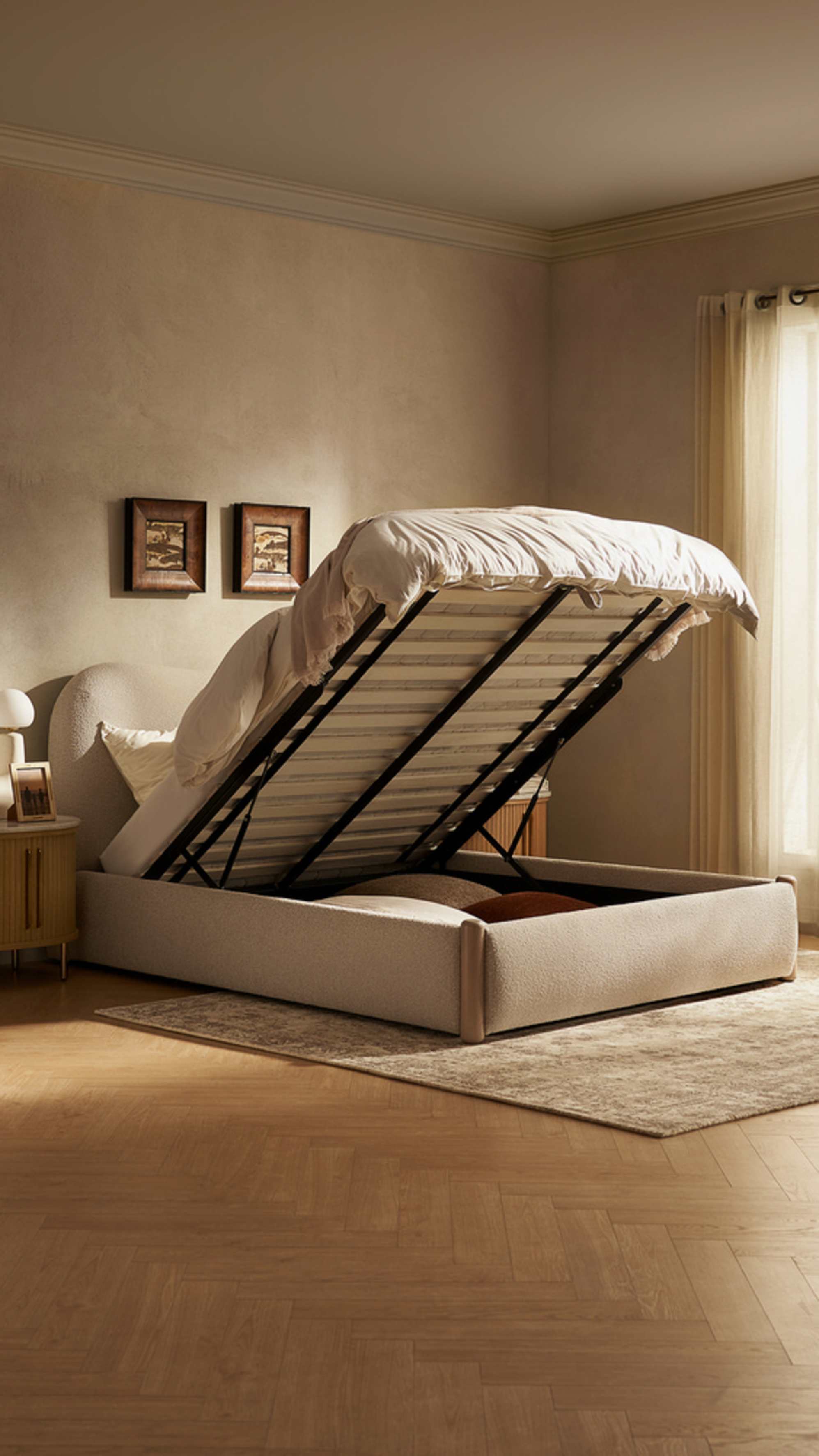 A storage bed with a hydraulic lift function being lifted up to reveal bulky bedding and linen.