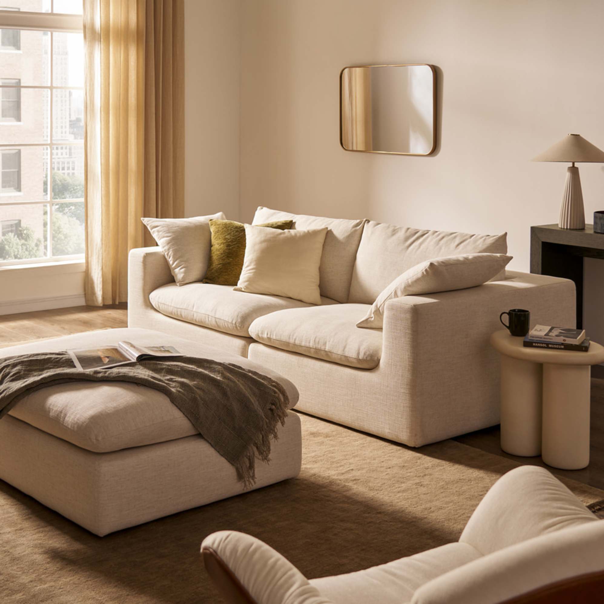 A 3-seater sofa placed in a living room with a matching ottoman.