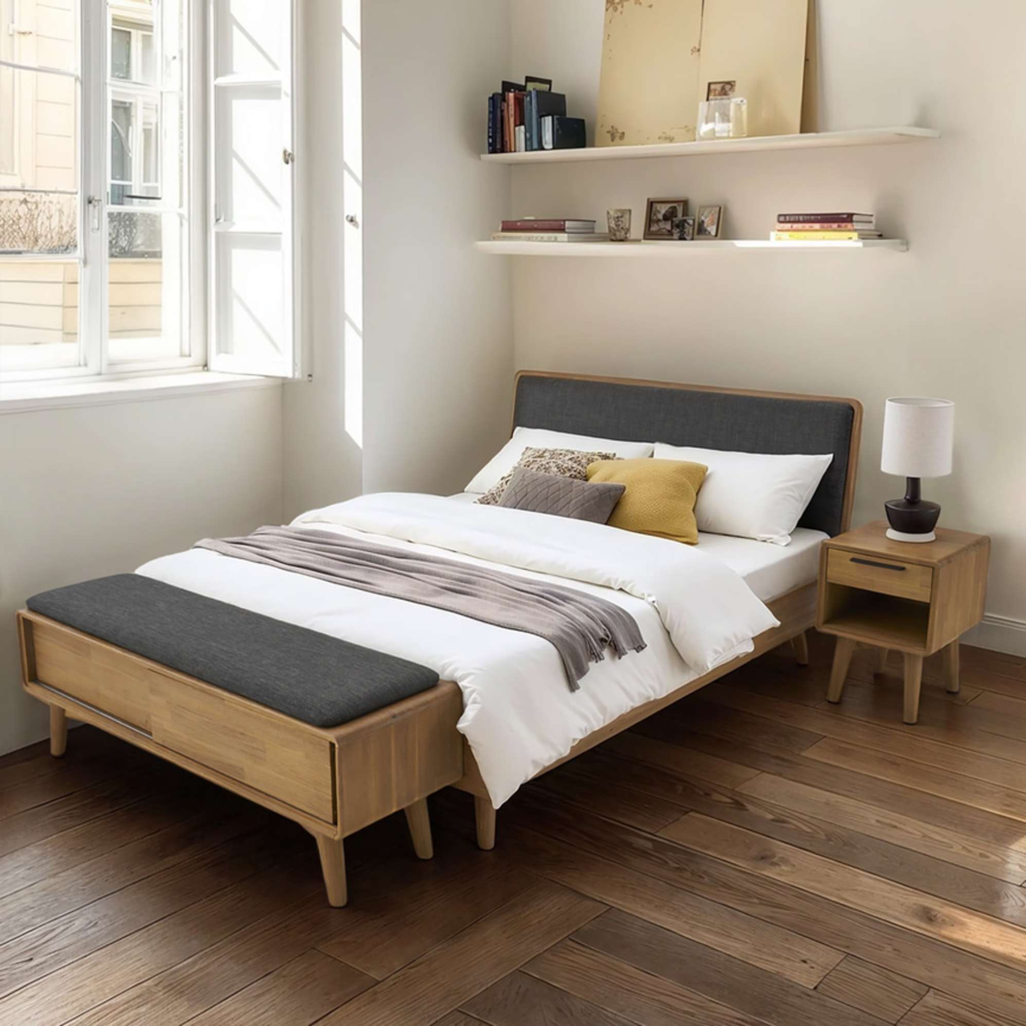 A full size acacia wood bed with a matching one-drawer nightstand and entryway bench placed at the foot of the bed.