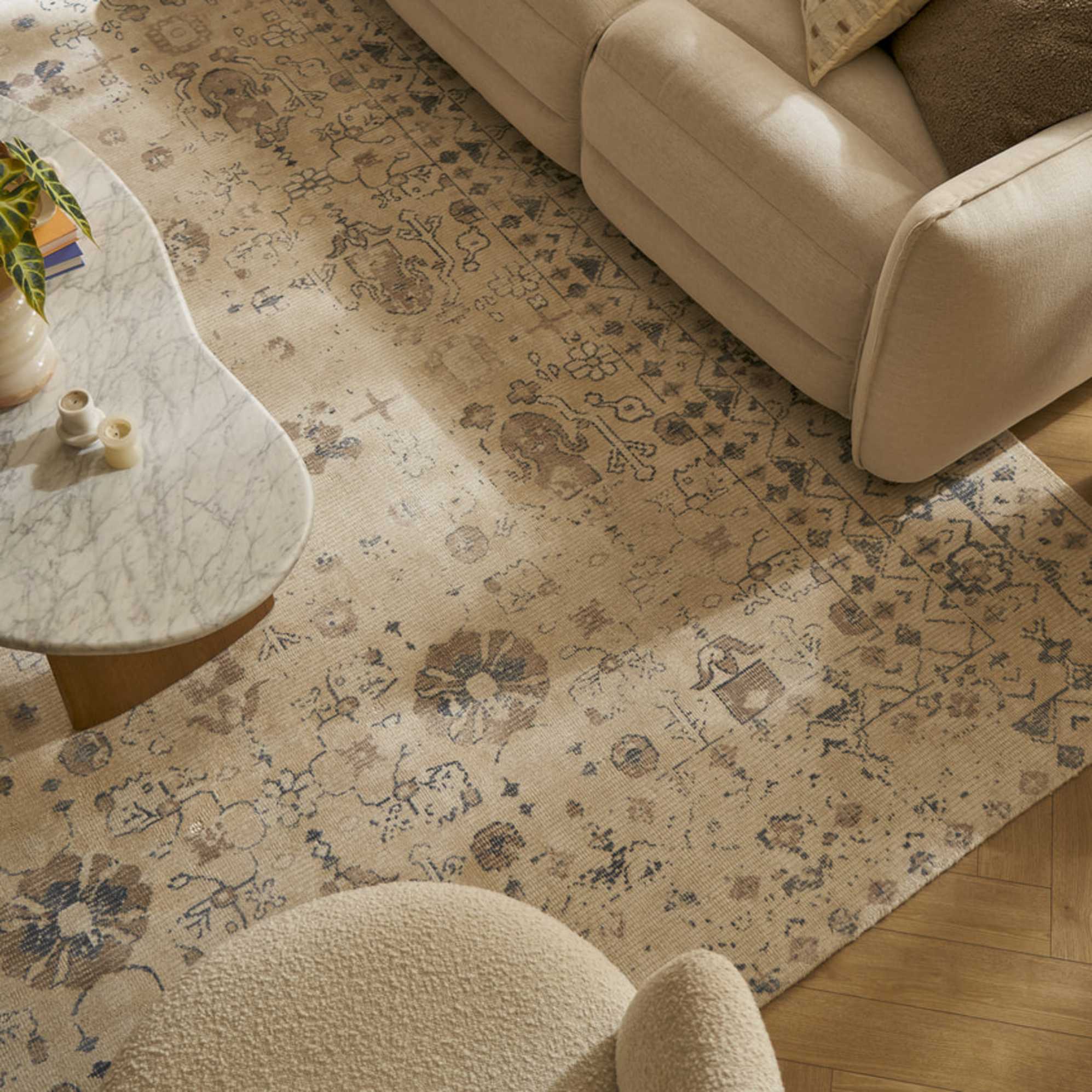 A wool area rug with intricate patterns placed beneath a coffee table and sofa.