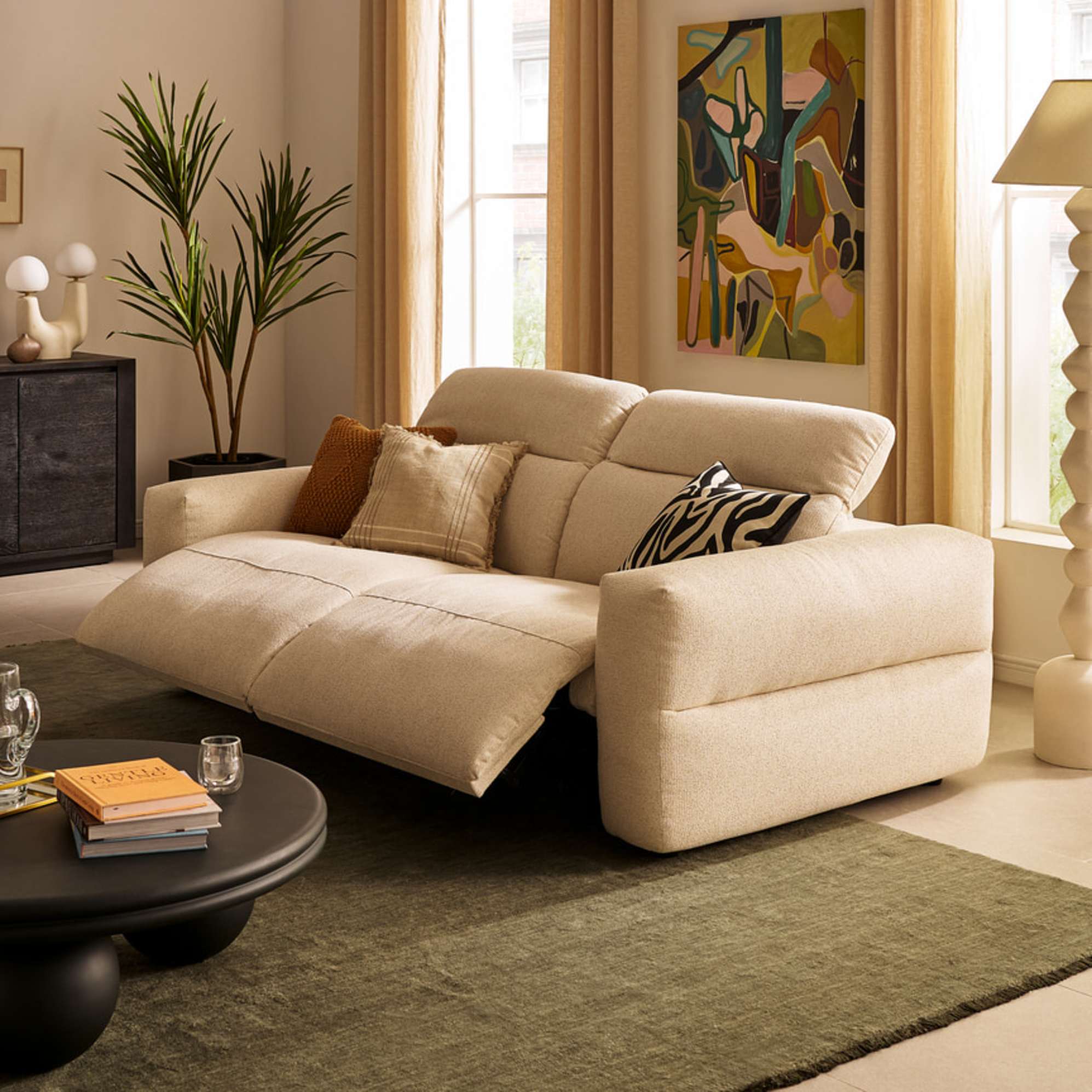 A dual recliner performance fabric sofa.