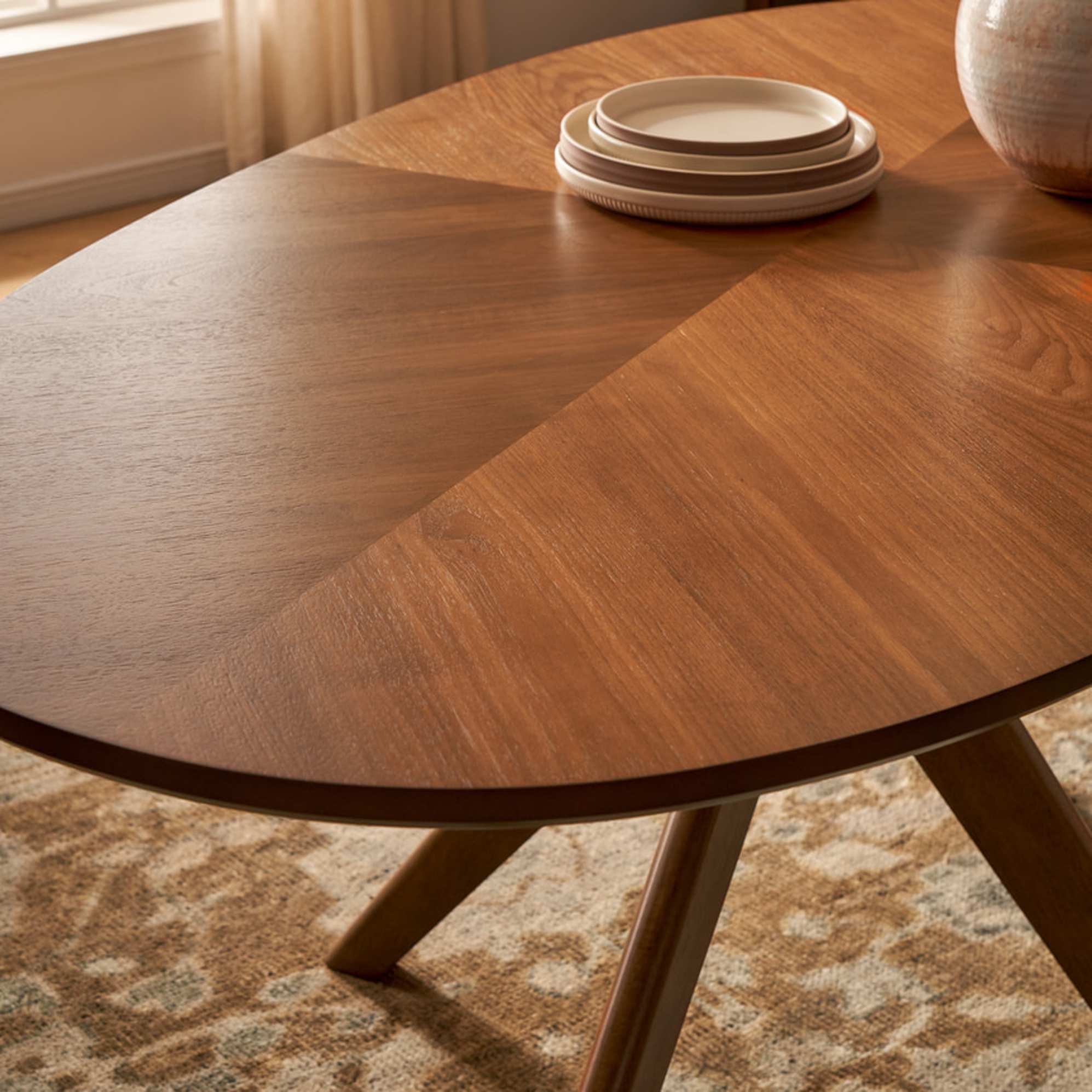 A close-up of a wooden oval dining table placed in a dining room.