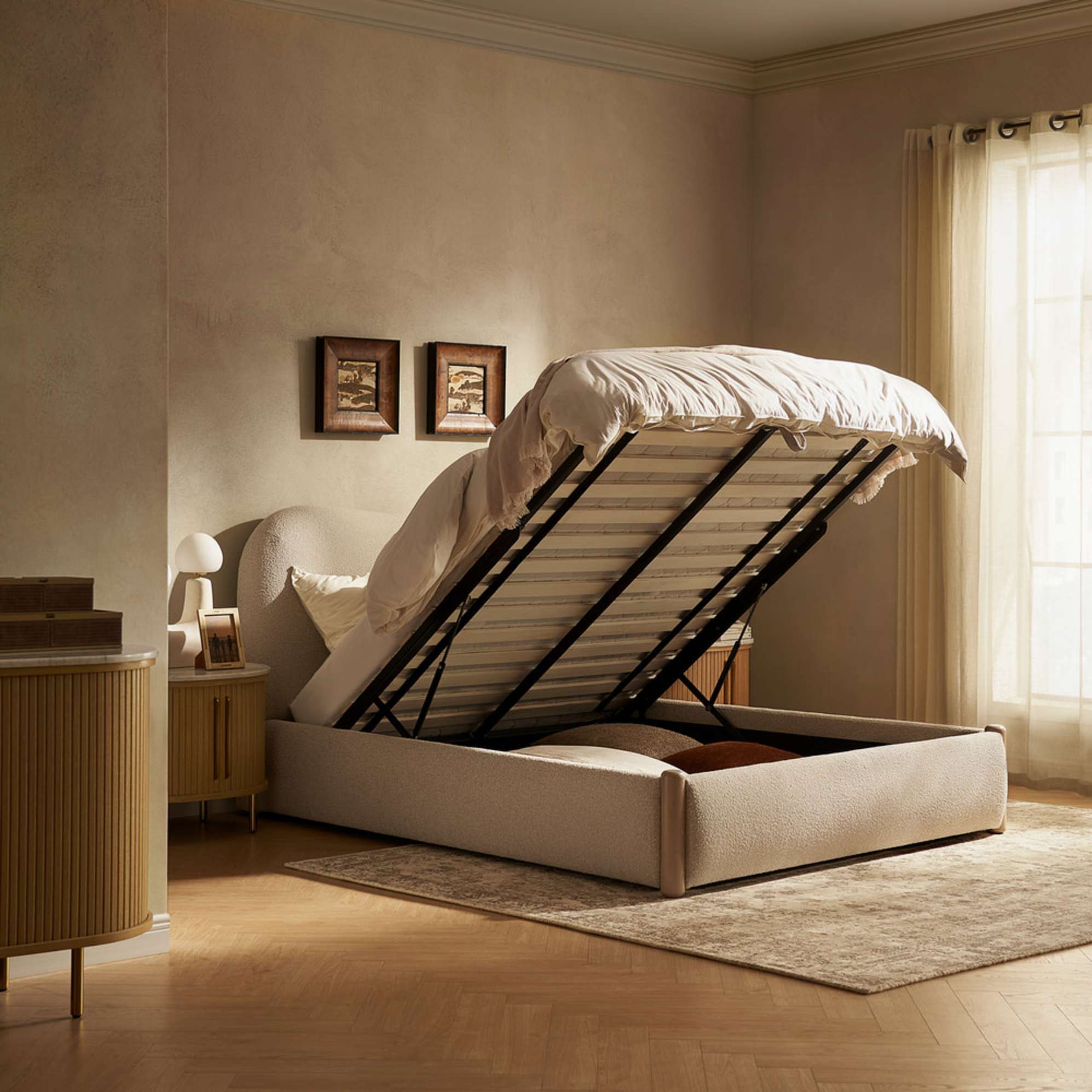 An ottoman storage bed with a gas-lift functionality.