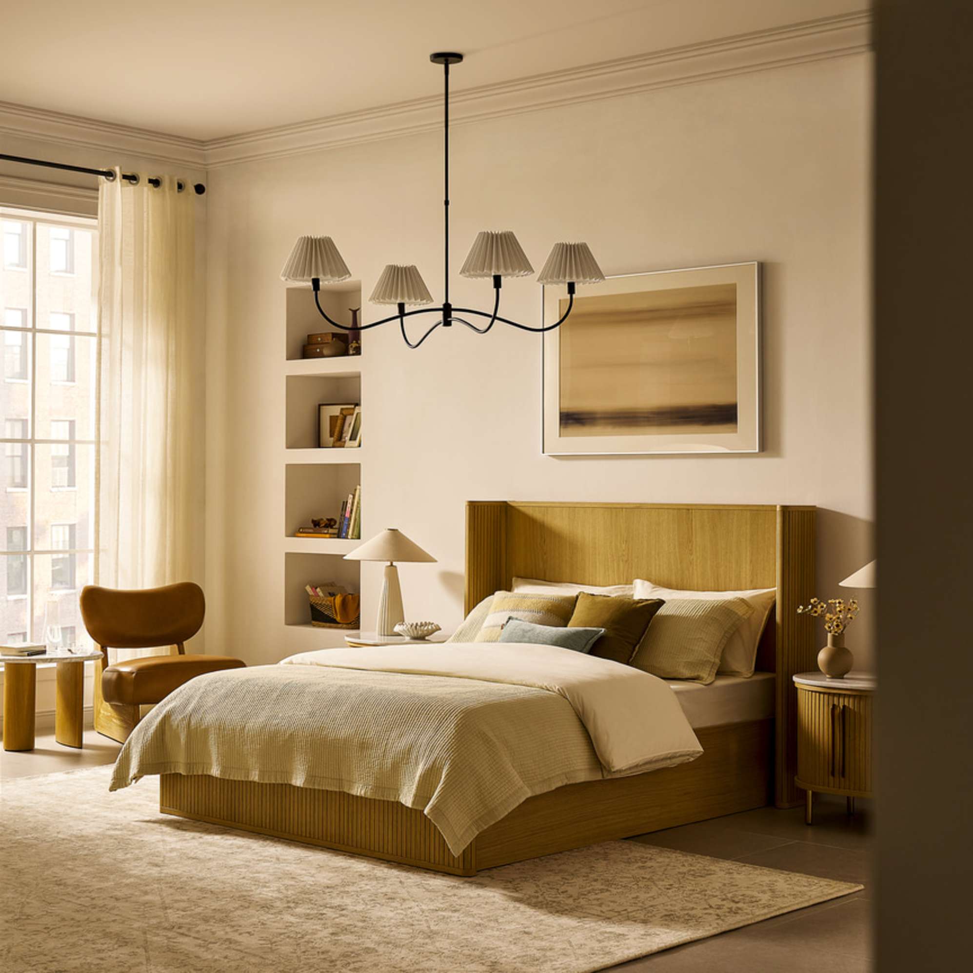 A bed with a wooden bed frame placed in a bedroom.