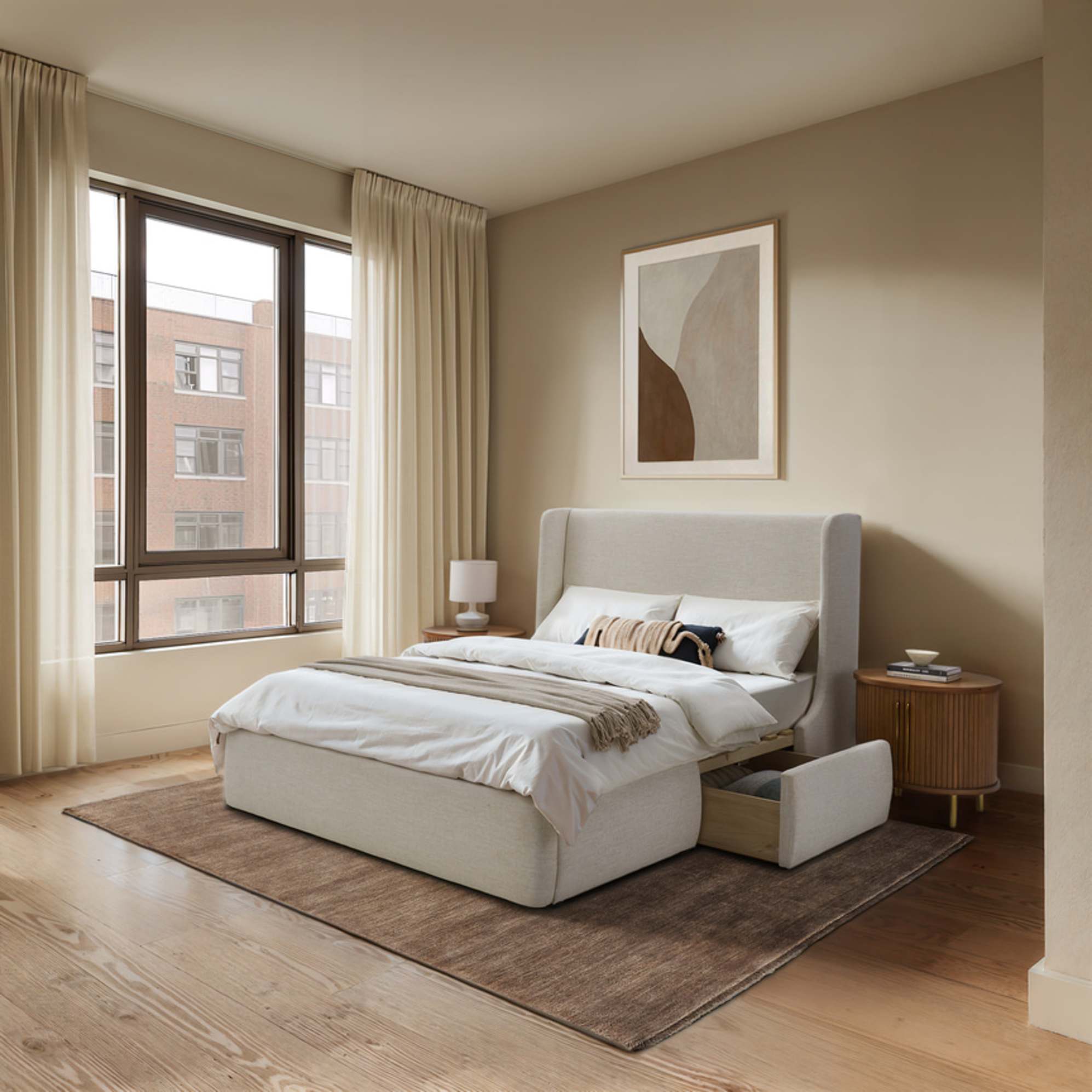 A storage bed with a brown wool rug placed beneath it.