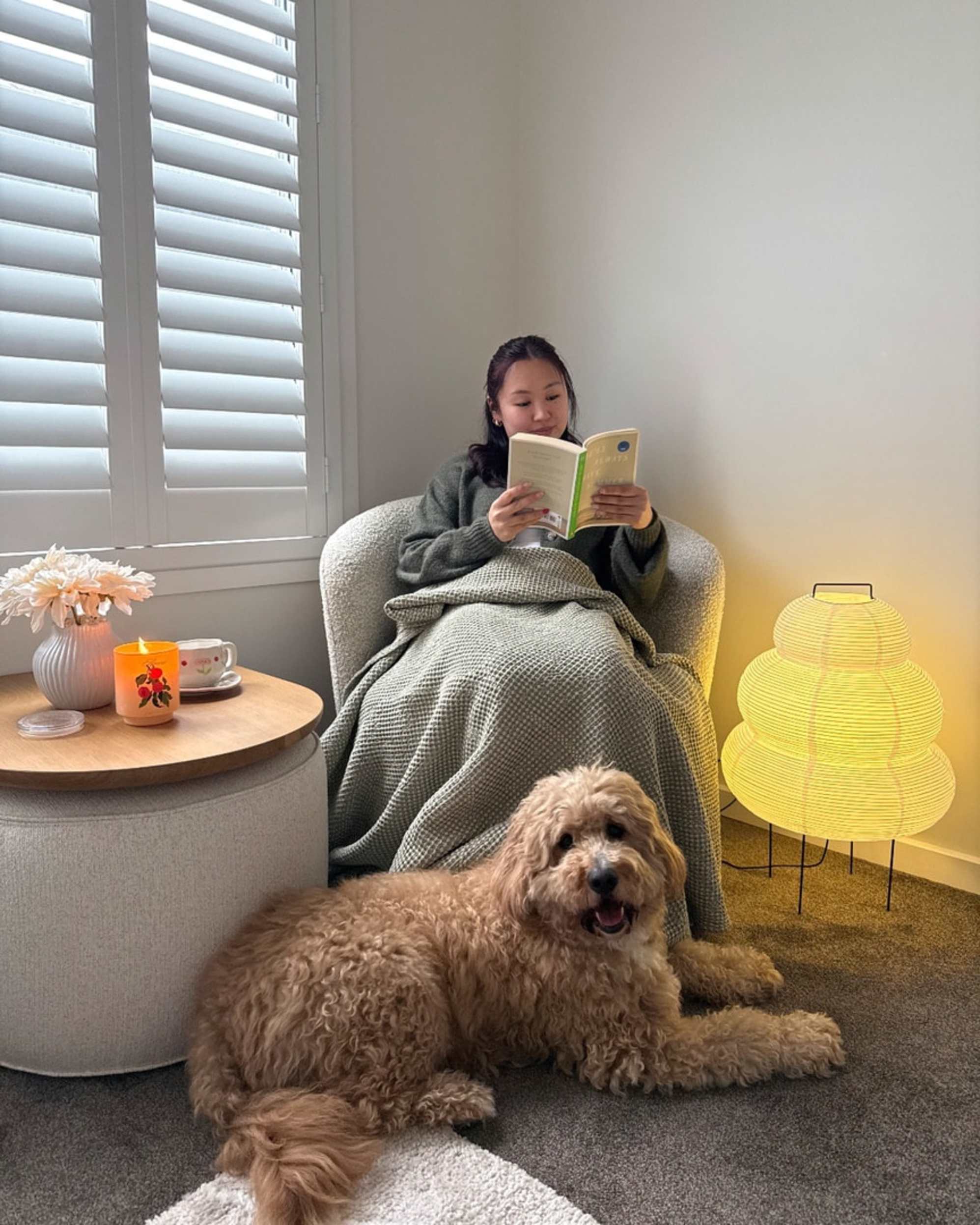 A person reading a book while seated on an armchair with her dog sitting at her feet.