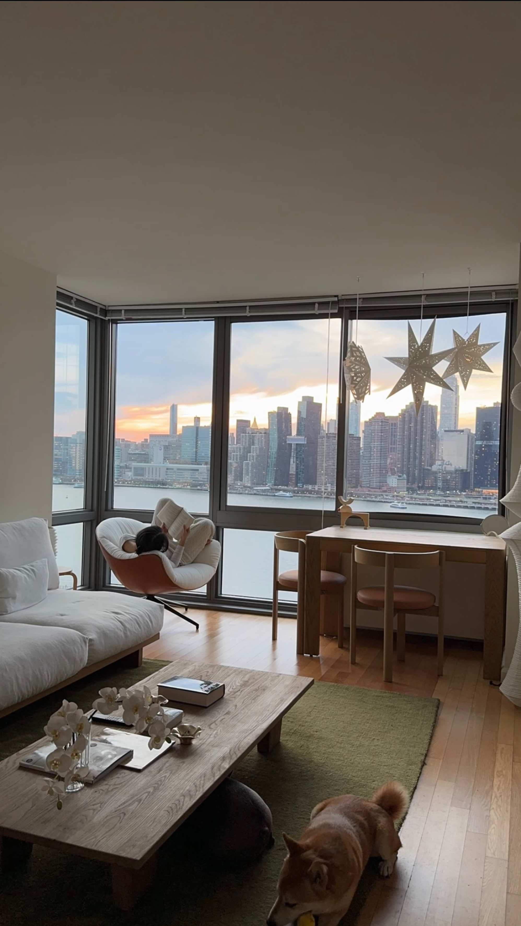 A lady lounging by her window, reading a book.