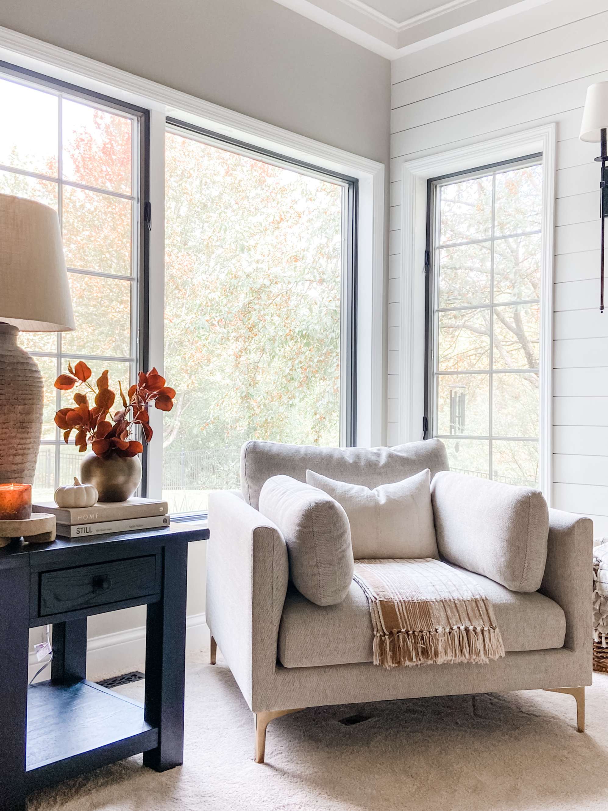 A Fabric Armchair by the window.