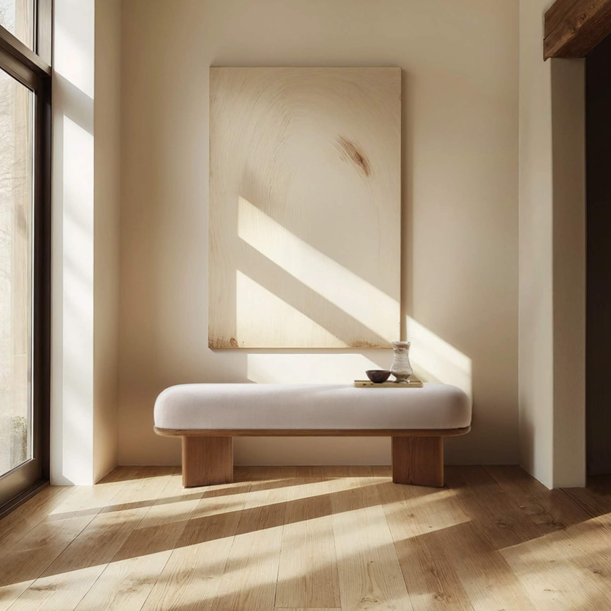 A performance boucle bench placed against a wall below a large painting.