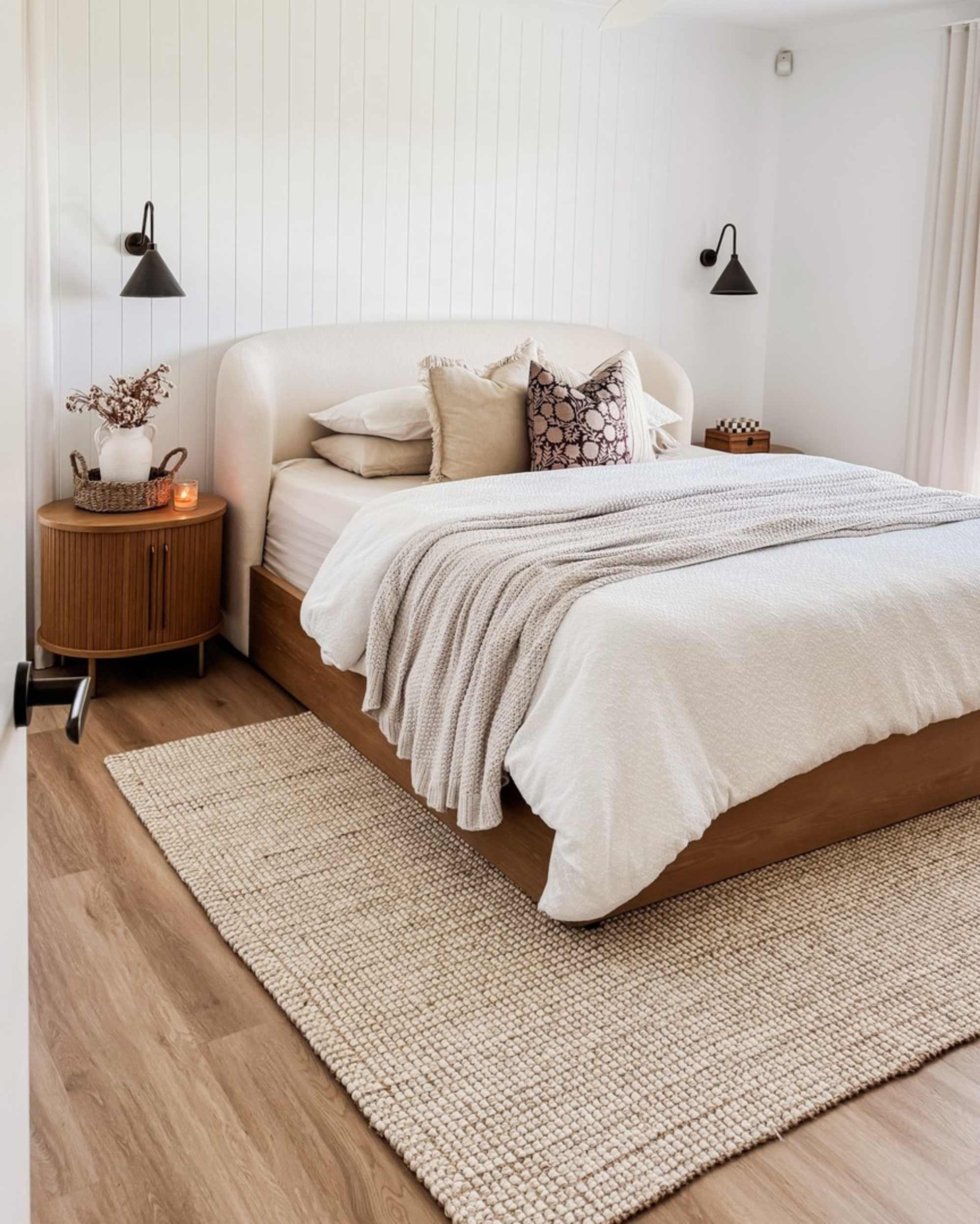 A performance boucle storage bed with a beige rug placed beneath it in the bedroom.