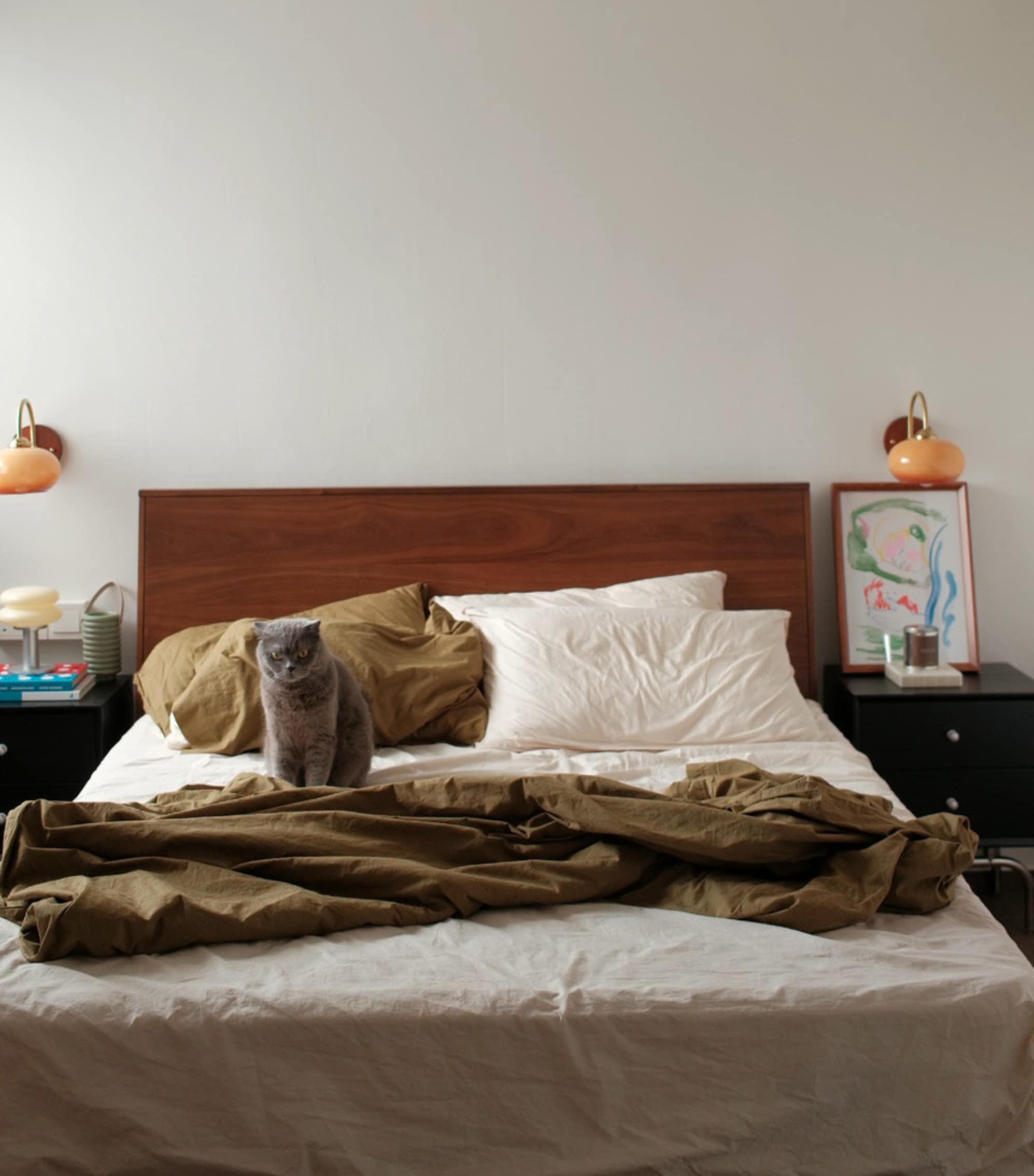 A cat sitting on a bed with a wooden headboard.