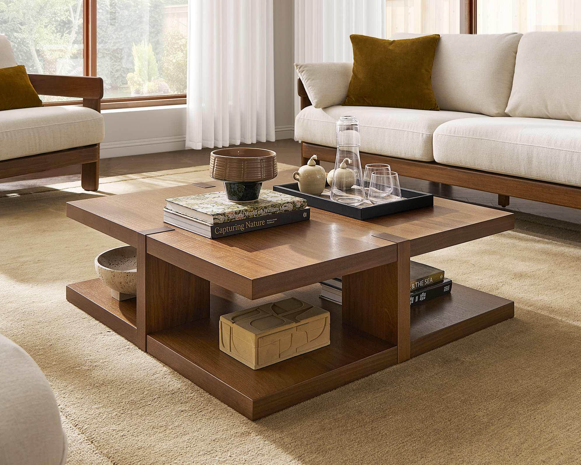 A japandi style coffee table matched with a low profile sofa