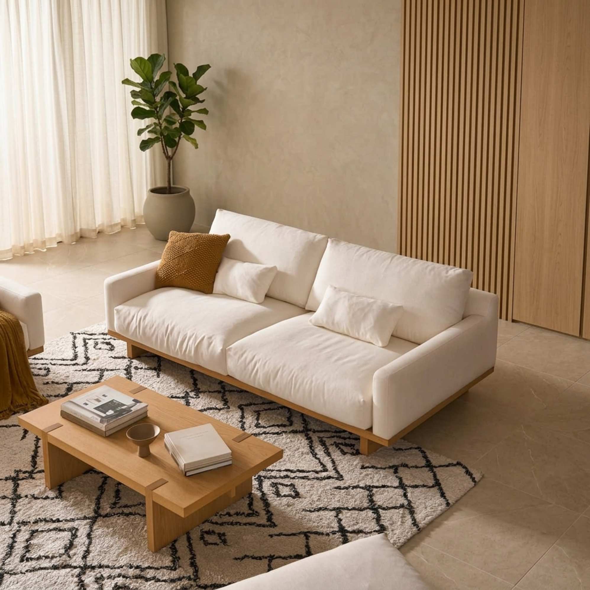A japandi style sofa that is low to the ground in a minimalist living room.
