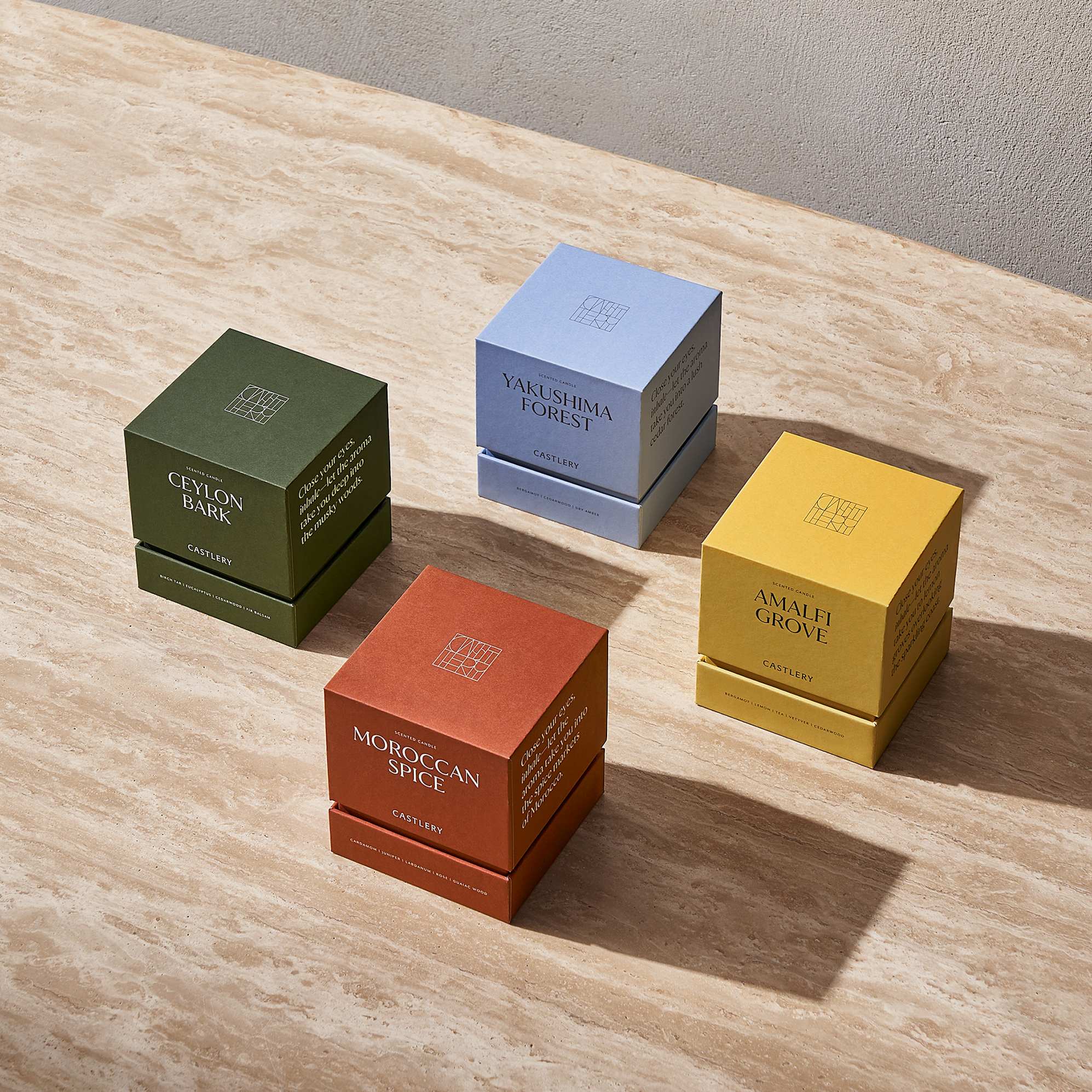 Castlery's range of 4 scented candles in ceramic vessel, plant-based wax.