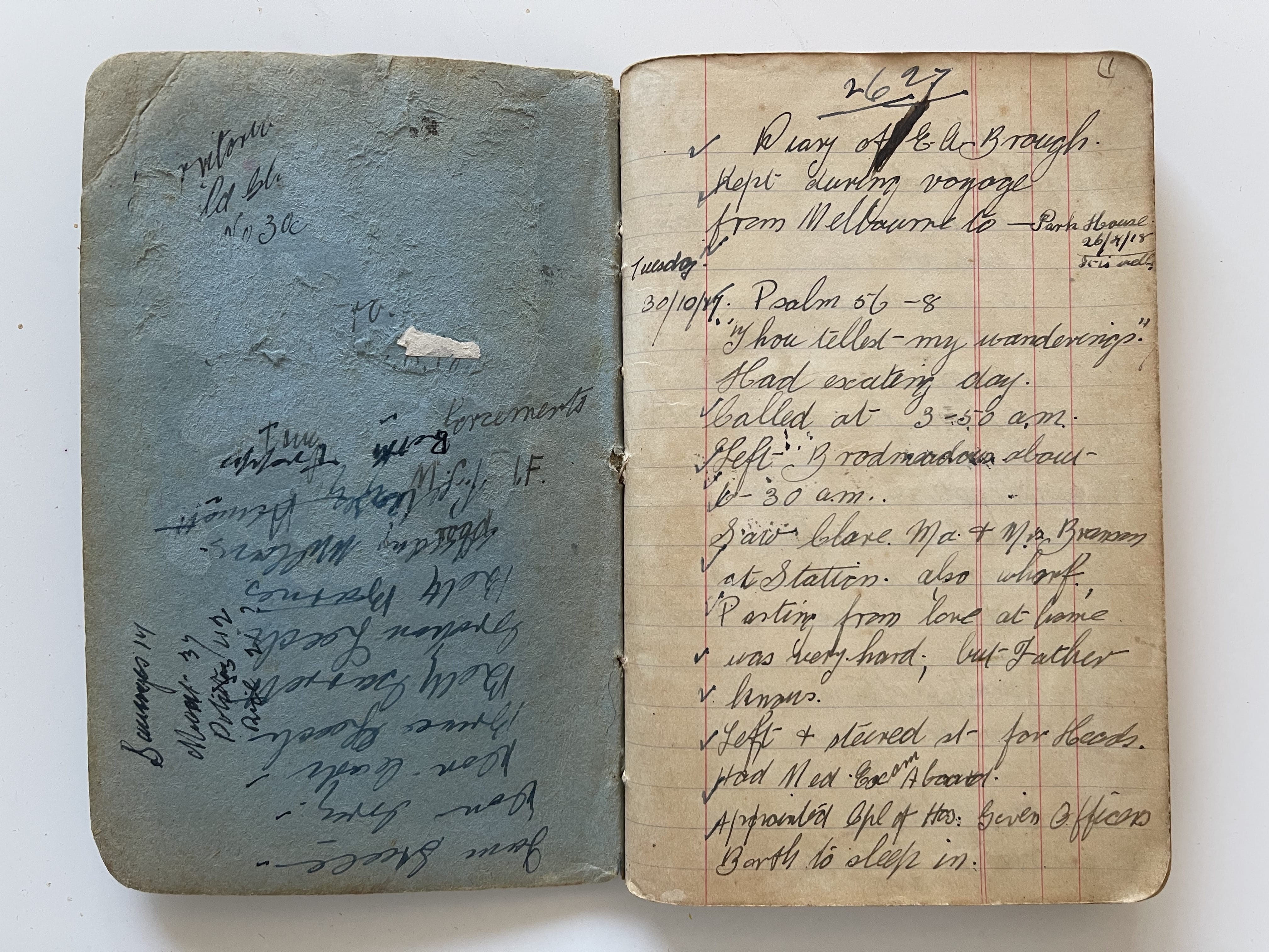 photo of inside cover (blue) with various scribbled names and of page 1, transcribed above