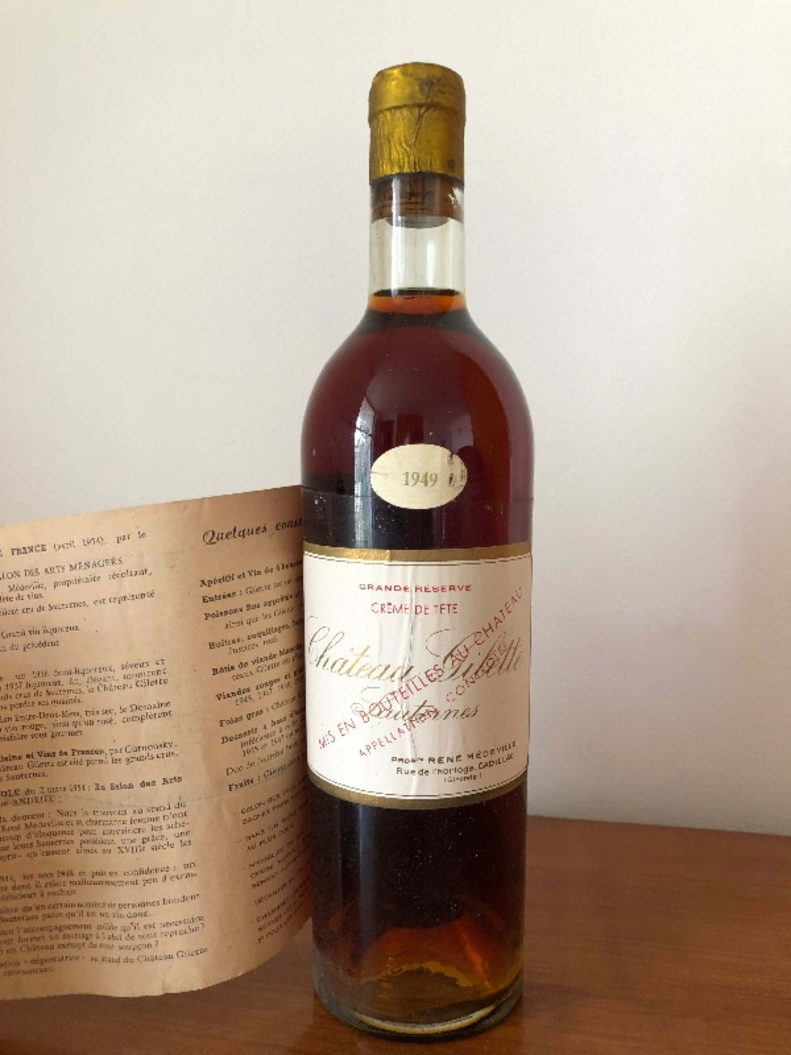 Crème de tête grande réserve, Château Gillette, Sauternes, 1949