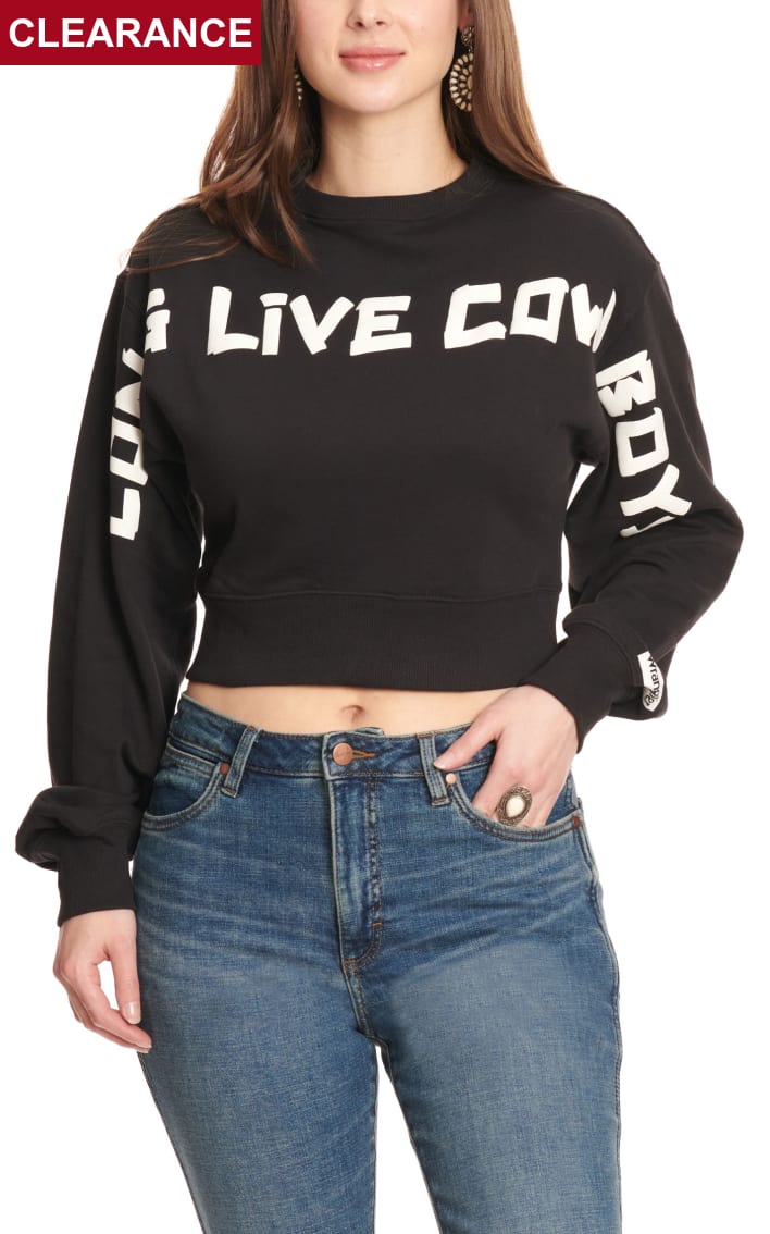 Wrangler Retro Women's Black with White Long Live Cowboys Script Cropped  Long Sleeve Top available at Cavenders