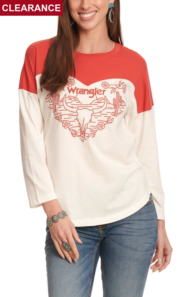 Wrangler Women's Tangerine and Cream Desert & Skull Logo Graphic Long  Sleeve Yoked T-Shirt available at Cavenders