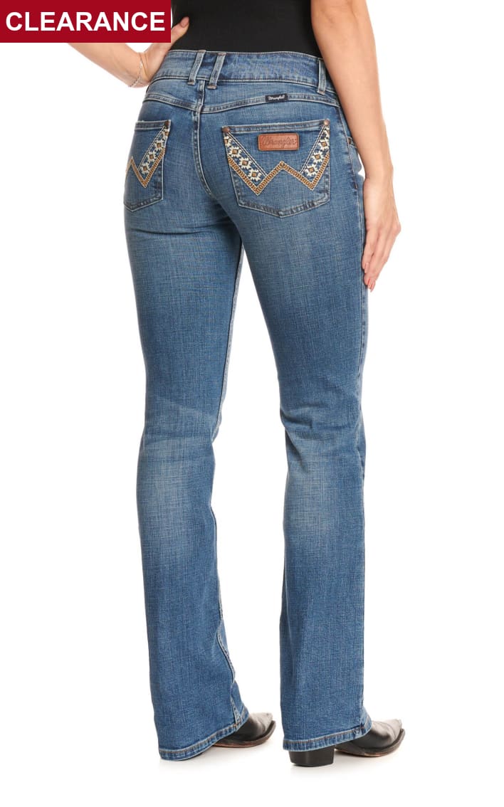 Wrangler Retro Women's Sadie Medium Wash Low Rise Aztec Embroidery W Pocket  Boot Cut Jeans available at Cavenders