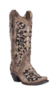 Corral Women's Brown & Black Sequin Inlay with Embroidery & Studs Cowboy Snip Toe Boots