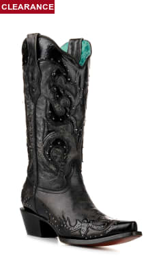Women's Corral Distressed Black with Black Wingtip and Studs Snip Toe Cowboy Boots