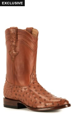 JRC & Sons Men's Miguel Full Quill Ostrich Round Toe Exotic Roper Boot in Peanut Brittle