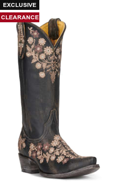 Cavender's Women's Rustic Black with Beige Floral Embroidery Snip Toe Cowboy Boots