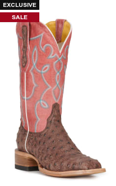 Cavender's Women's Pink and Chocolate Ostrich Print Wide Square Toe Cowboy Boots