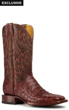 Cavender's Men's Cognac and Brandy Caiman Tail Wide Square Toe Exotic Cowboy Boot