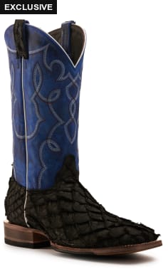 Cavender's Men's Black Nubuck Pirarucu with Blue Cowhide Wide Square Toe Exotic Cowboy Boot