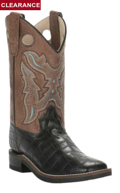 Old West Kids Black Croc Print and Brown Leatherette Square Toe Cowboy Boots