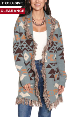 Rockin C Women's Steel Blue with Brown Aztec Fringe Cardigan