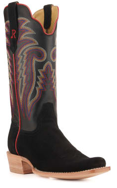R Watson Men's Black Rough Out and Black Punchy Square Toe Cowboy Boots