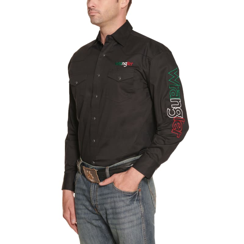 Wrangler Men's Black with Mexico Flag Logos Long Sleeve Western Shirt  available at Cavenders