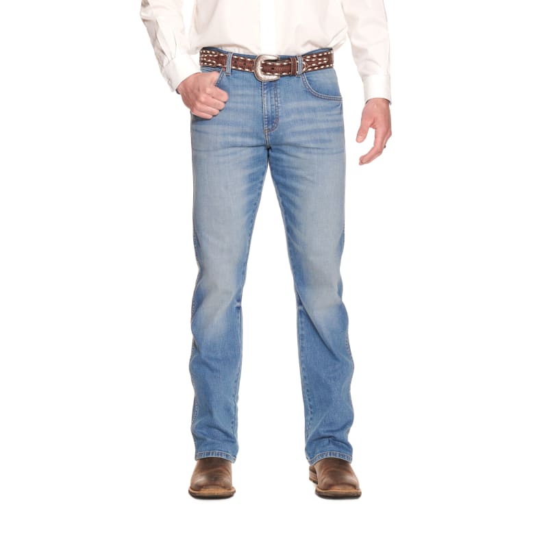 Wrangler Retro Men's Tobacco  Light Wash Slim Fit Boot Cut Jeans  available at Cavenders