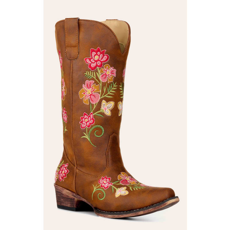 Roper Women’s Riley Brown with Floral Embroidery Faux Leather Snip Toe Cowboy Boots