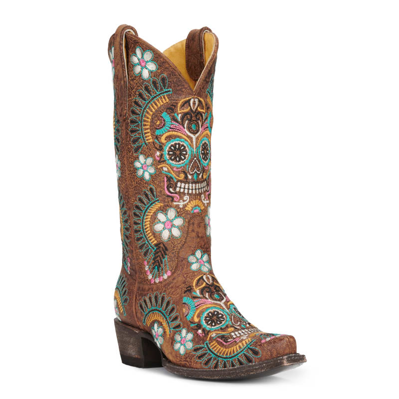 Cavender's Women's Brown with Skull and Floral Embroidery Snip Toe Cowboy  Boots available at Cavenders