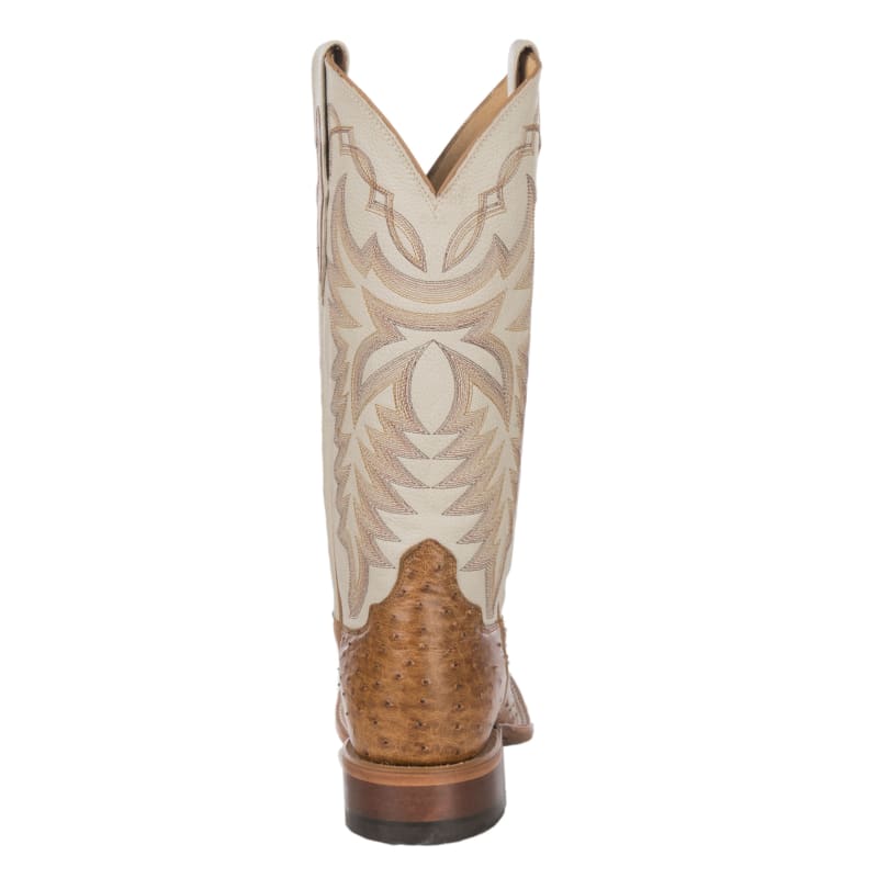 Justin Men's Pascoe Ivory and Antique Saddle Brown Smooth Ostrich Wide Square Toe Exotic Cowboy Boots