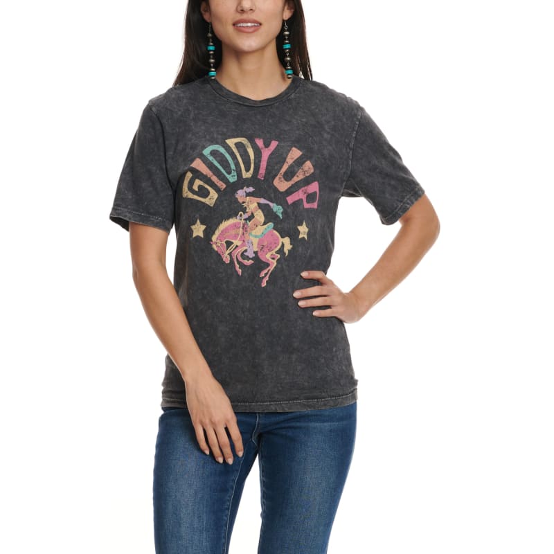 Lotus Fashion Women's Black Retro Giddy Up Graphic Short Sleeve T- Shirt available at Cavenders