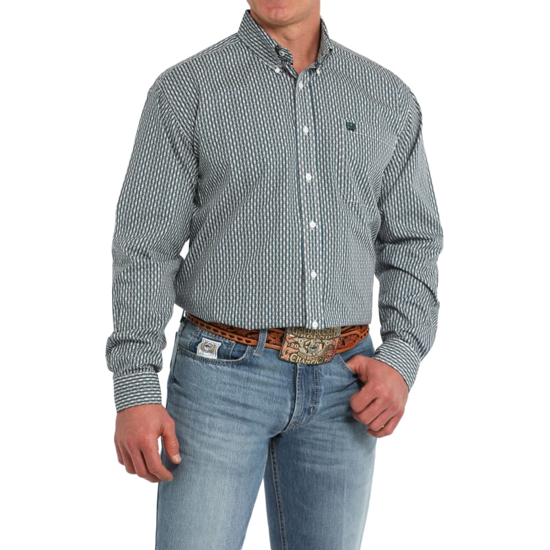 Cinch Men's White Geo & Teal Striped Print Western Shirt