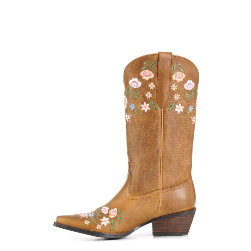 Rockin C Women’s Tan Floral Embroidered Leather Snip Toe Cowboy Boots